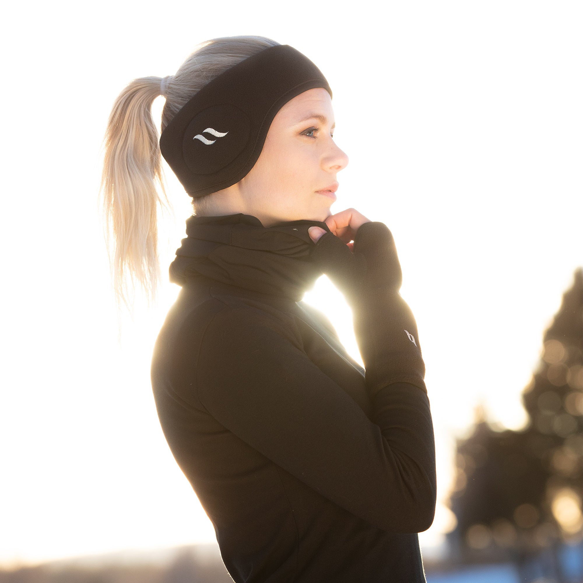 Back on Track fleece headband with logo, lined with Iontex® for warmth, comfort, and moisture-wicking performance
