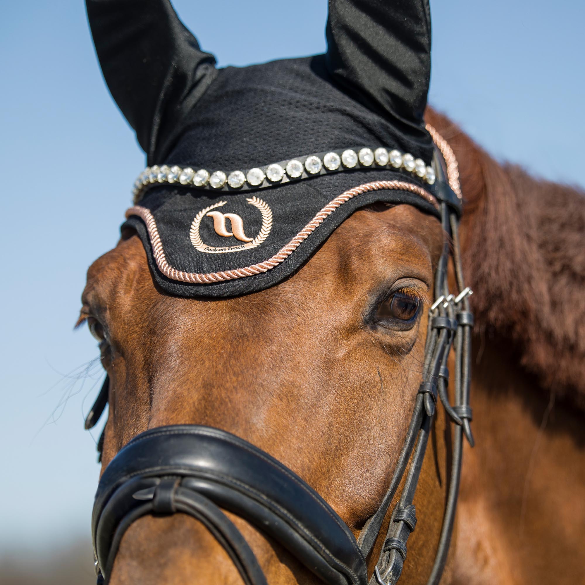 Haze Horse Bonnet with mesh, elastic ears, and Welltex® lining for fly protection, comfort, and elegant style