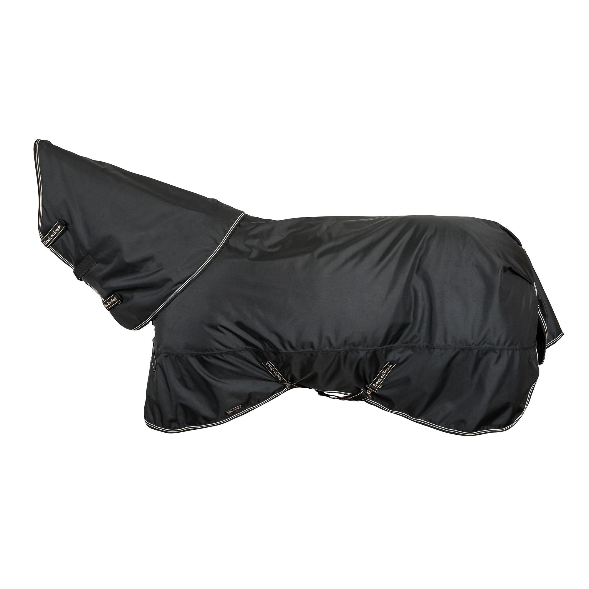 Back on Track Obsidian Turnout Blanket with Neck Cover for horses, offering weather protection and therapeutic support