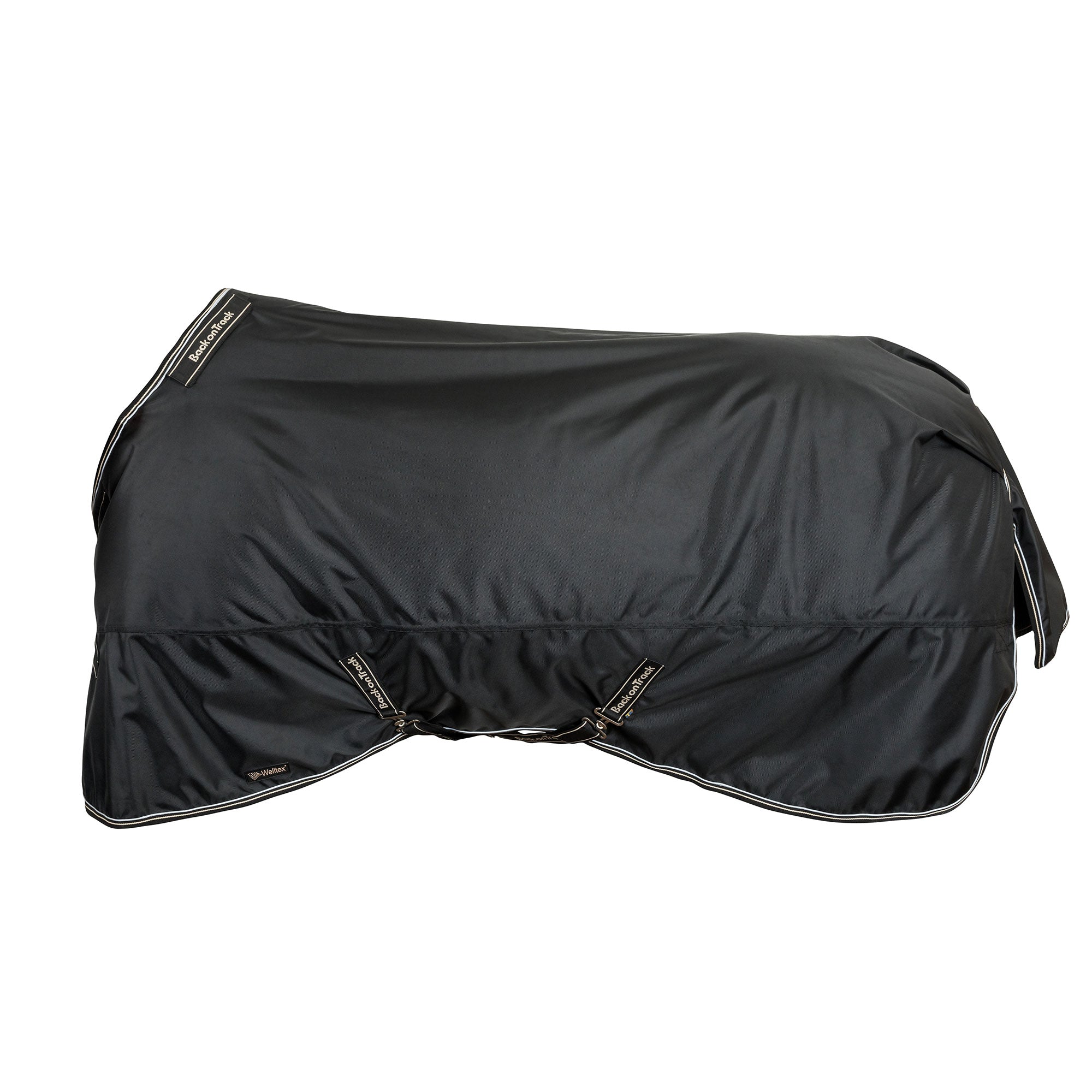 Back on Track Obsidian Turnout Blanket with Neck Cover for horses, offering weather protection and therapeutic support