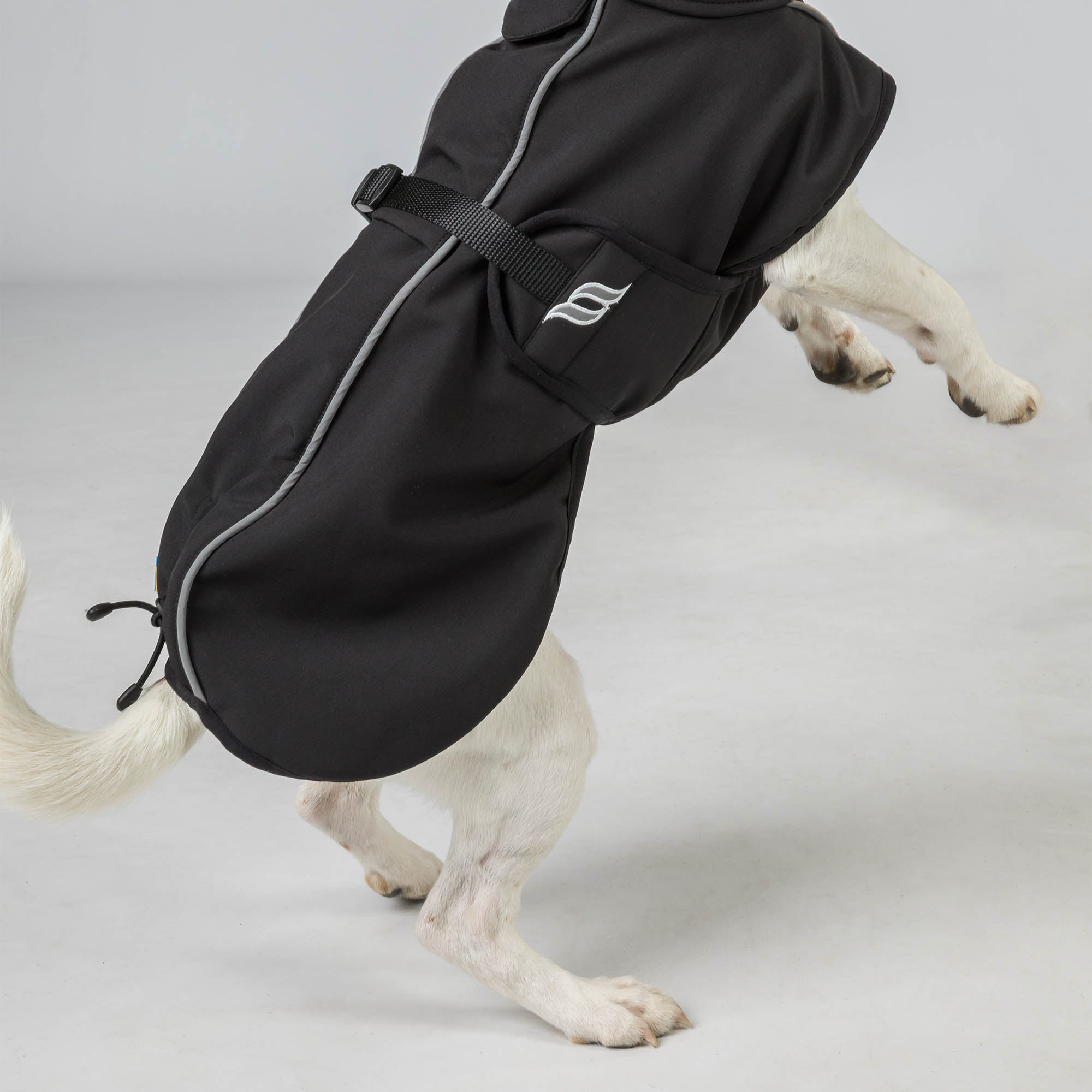 Bark Dog Coat with Iontex®, reflective trim, and ergonomic fit for high tail set dogs' comfort, mobility, and safety
