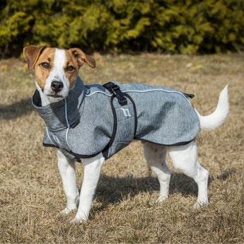 Bark Dog Coat with Iontex®, reflective trim, and ergonomic fit for high tail set dogs' comfort, mobility, and safety