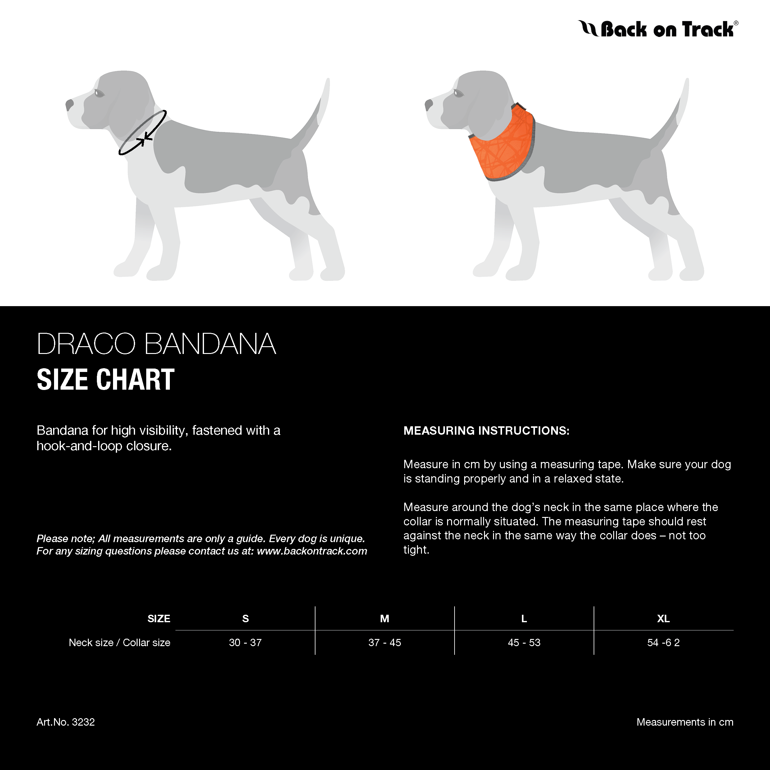 Back on Track Draco Dog Bandana in bright orange with reflective trim for high visibility and added safety