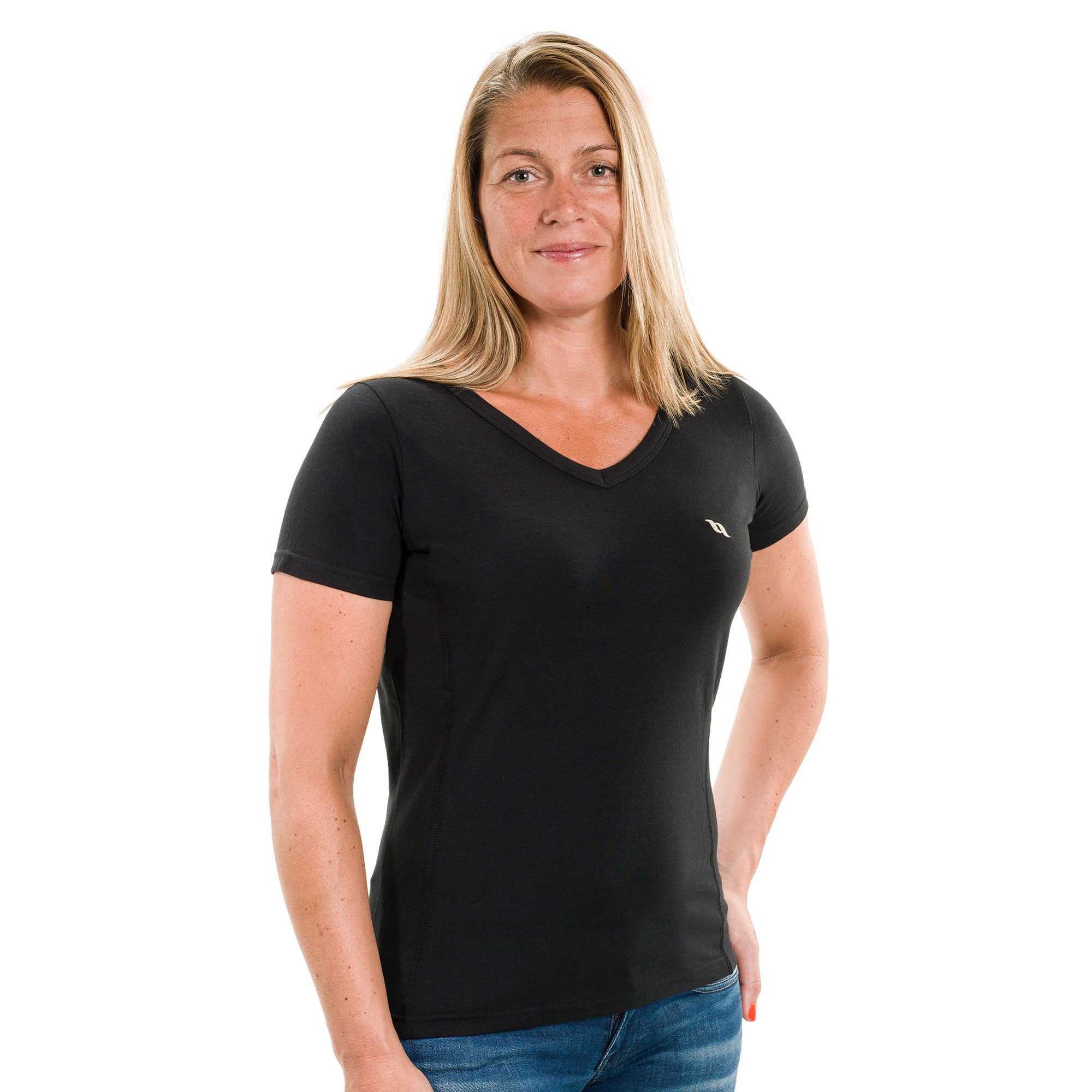 Women's V-Neck Tee with cotton blend, Welltex® tech, and stretch fit for comfort, style, and muscle support