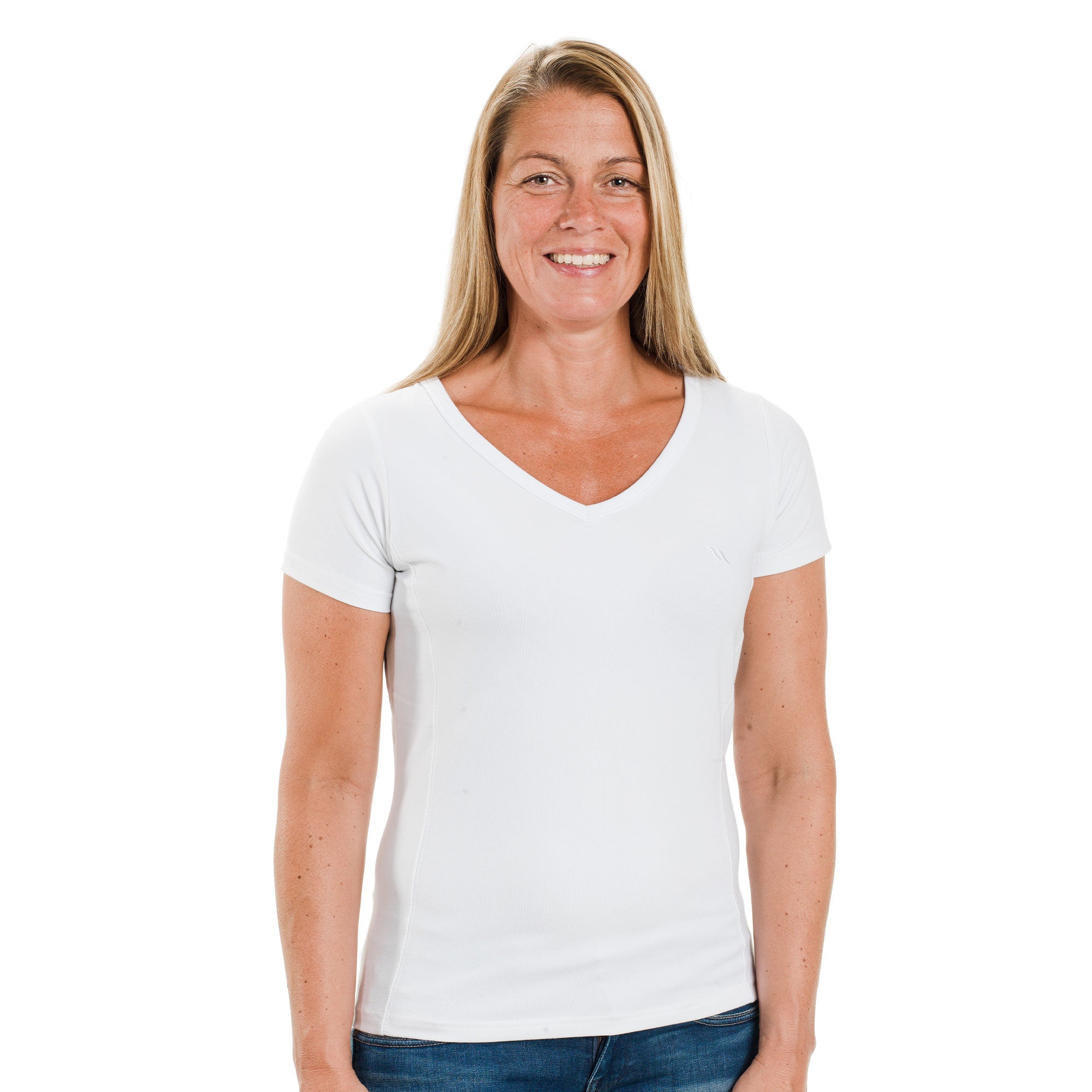 Women's V-Neck Tee with cotton blend, Welltex® tech, and stretch fit for comfort, style, and muscle support