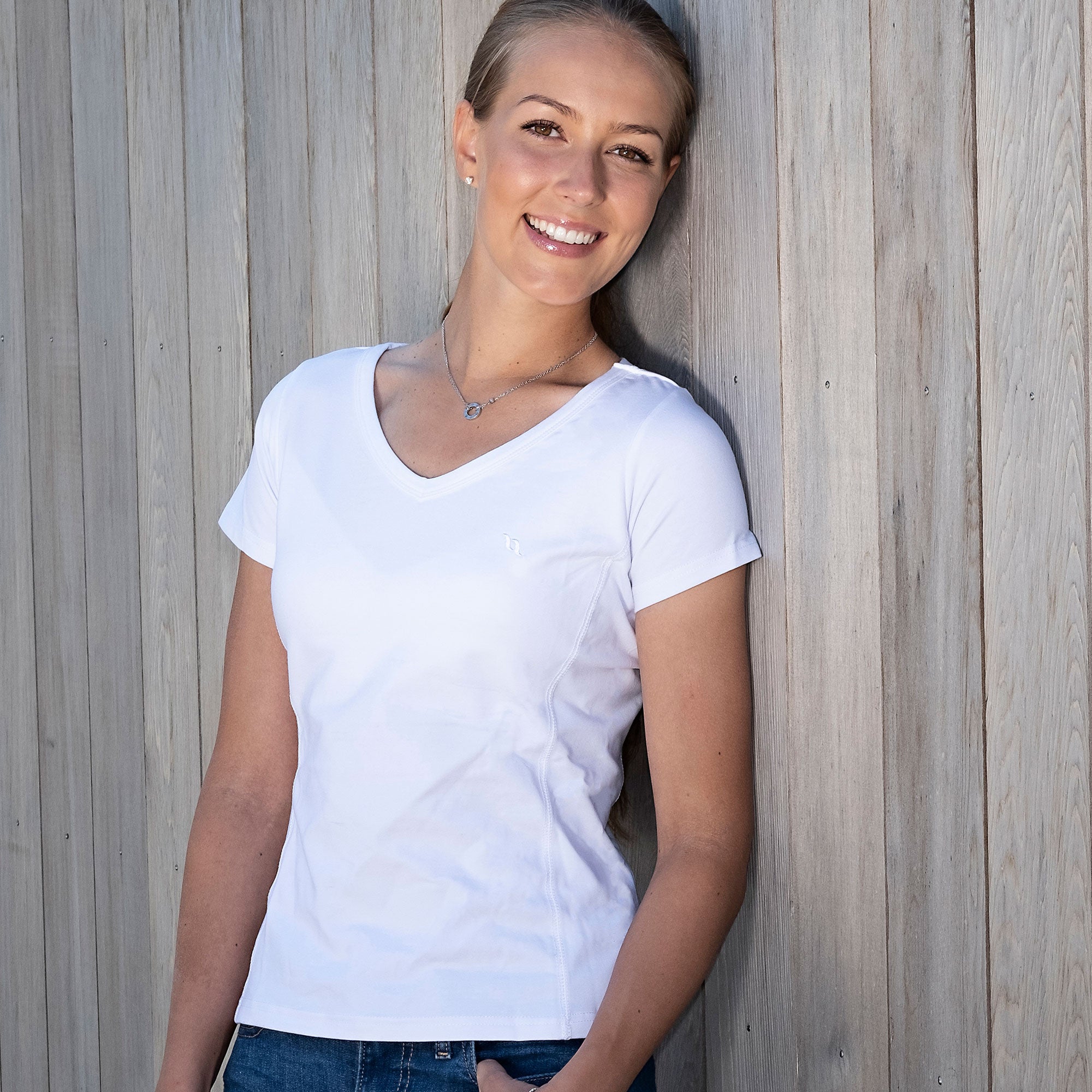 Women's V-Neck Tee with cotton blend, Welltex® tech, and stretch fit for comfort, style, and muscle support