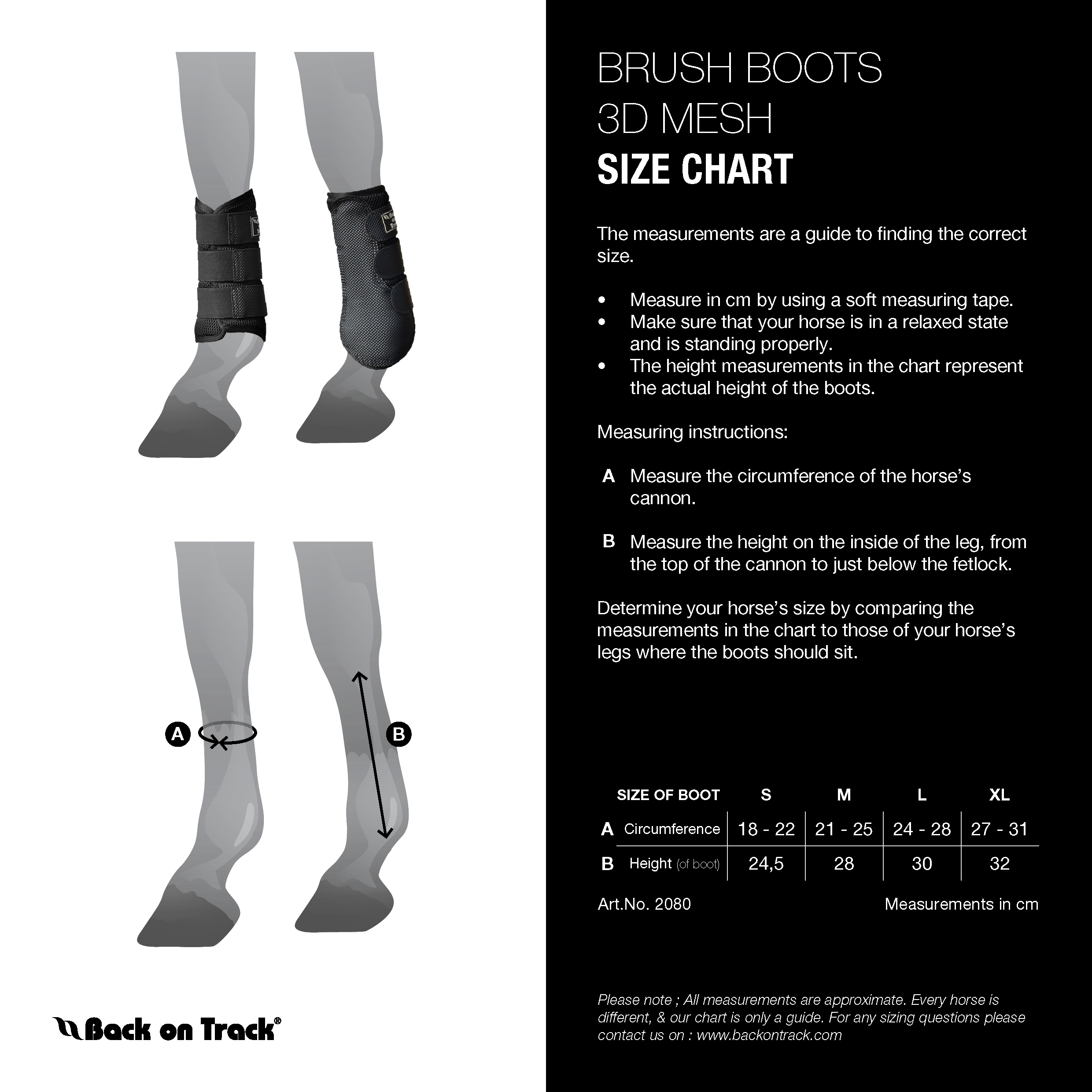 Back on Track 3D Mesh Horse Therapeutic Splint Boots Size Chart