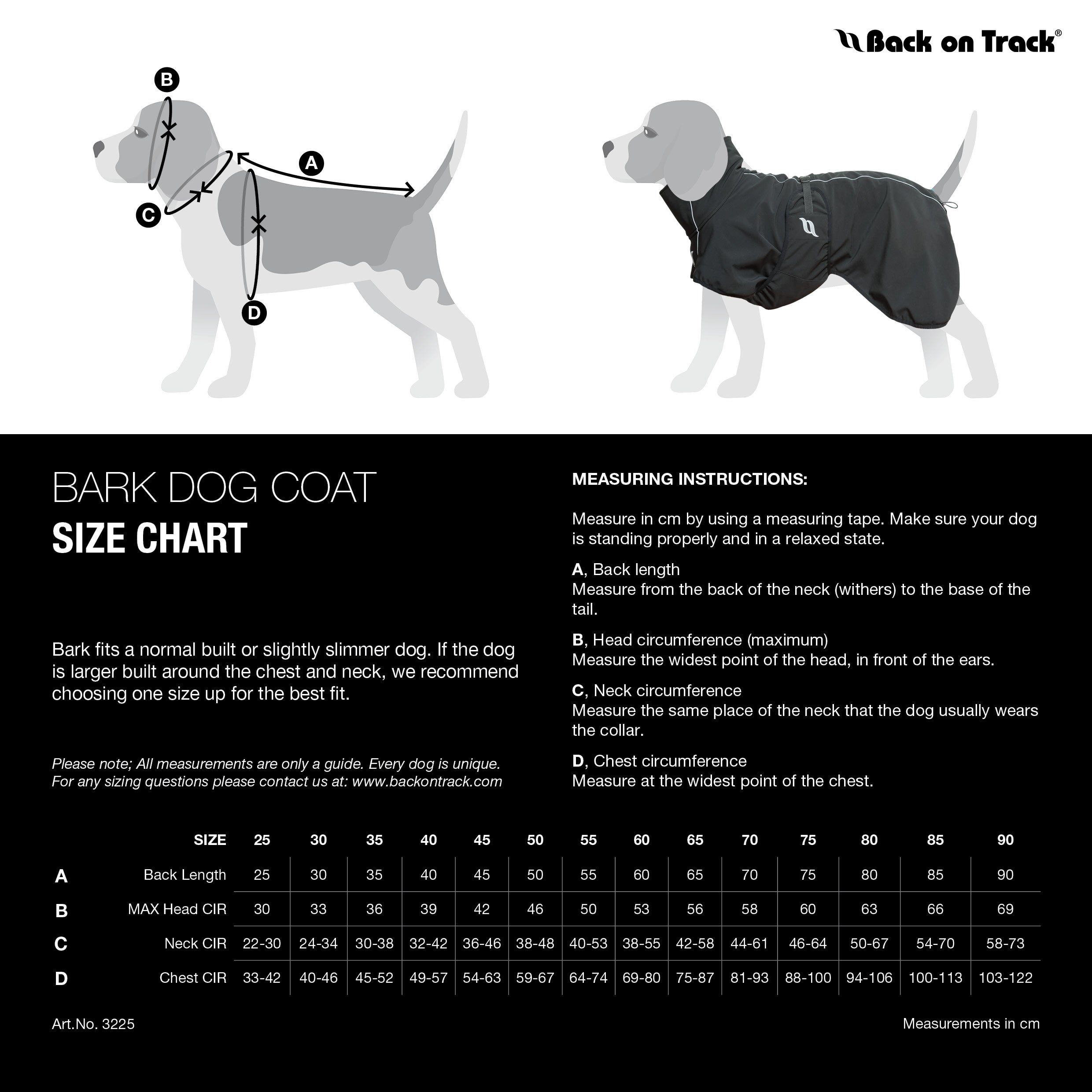 Bark Therapeutic Dog Coat Size Chart